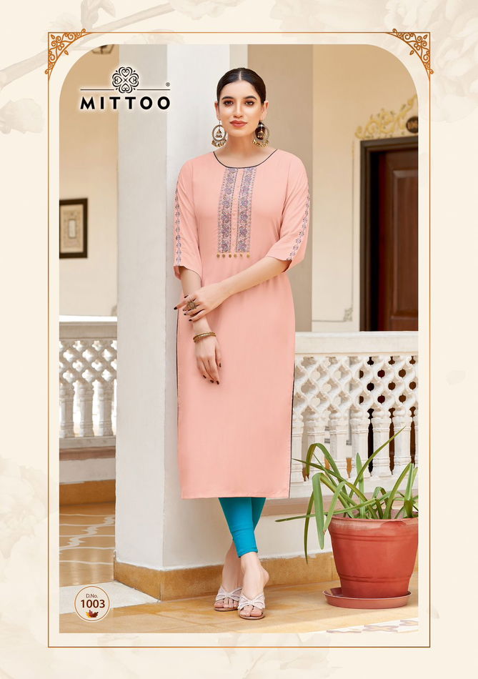 Riona By Mittoo Rayon Designer Kurtis Wholesale Price In Surat
